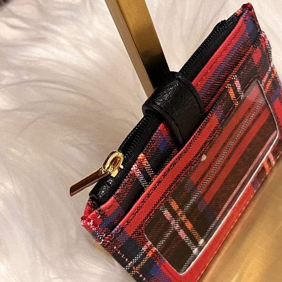 Plaid Red Card Holder Wallet with Snap Strap - Picture 5 of 6